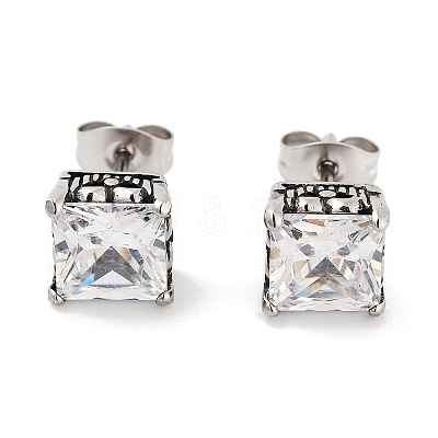 Square 316 Surgical Stainless Steel Pave Cubic Zirconia Stud Earrings for Women Men EJEW-Z050-03B-AS-1