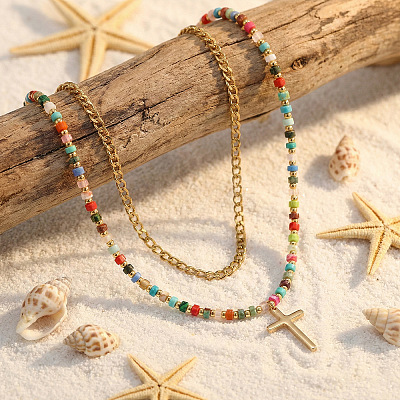 Stainless Steel Religion Cross Pendant Colorful Natural Mixed Gemstone Heishi Beaded Double Layer Necklaces for Women OM0198-1-1