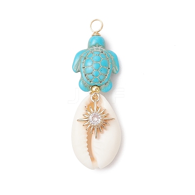 4Pcs 4 Styles Natural Cowrie Shell & Dyed Synthetic Turquoise Turtle Copper Wire Wrapped Pendants PALLOY-JF04035-01-1