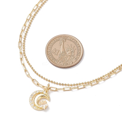Brass Pave Clear Cubic Zirconia Moon with Star Pendant Necklaces NJEW-JN05383-1