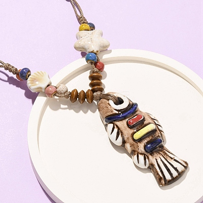 Ceramic Fish Pendant Adjustable Waxed Cord Necklaces for Women NJEW-B146-01-1
