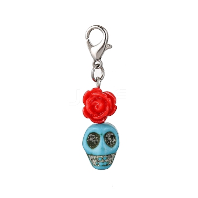 Skull Synthetic Turquoise & Resin Rose Pendant Decorations HJEW-JM03999-1