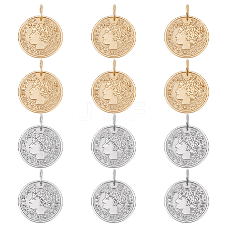 12Pcs 2 Colors 304 Stainless Steel Coin Pendants STAS-UN0064-48-1