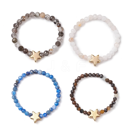 Round Natural Tiger Eye & Black Rutilated Quartz & Lapis Lazuli & Pink Opal Beads Stretch Rings RJEW-JR00790-1