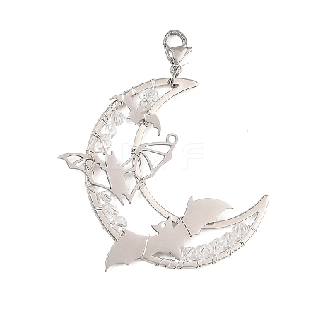 Wire Wrapped Moon & Bat Stainless Steel & Brass Pendant Decorations HJEW-TA00505-1