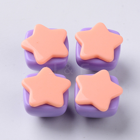  Jewelry Beads Findings Opaque Acrylic Beads, Two Tone, with Star Flat Plate, Half Drilled, Pyramid, LightSalmon, 16~17x16x13.5mm, Half Hole: 3.5mm