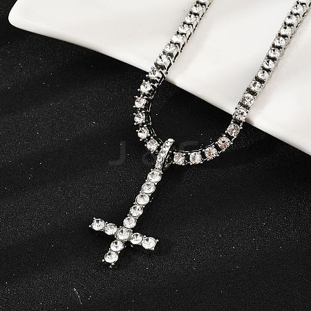 Alloy Full Crystal Rhinestone Christian Inverted Cross Pendant Necklaces NJEW-P333-01P-1