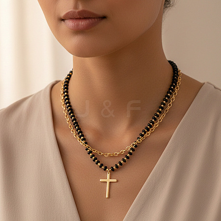 Stainless Steel Religion Cross Pendant Natural Gemstone Rondelle Beaded Double Layer Necklaces for Women PO2692-1-1