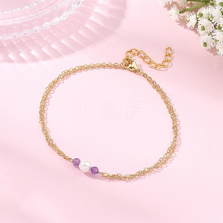 White Round Shell Pearl & Natural Amethyst Beads Anklets AJEW-AN00835-01-1