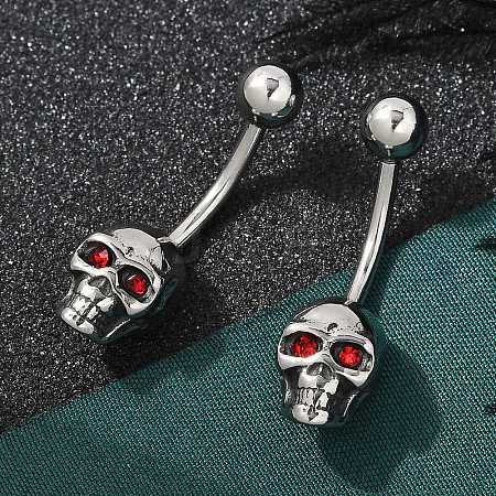 Skull 316 Surgical Stainless Steel Red Cubic Zirconia Belly Button Rings EJEW-G416-34AS-1