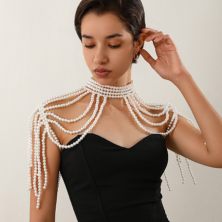 Plastic Imitation Pearl Round Beaded Multilayer Bridal Shoulder Chains WG39BFF-02-1