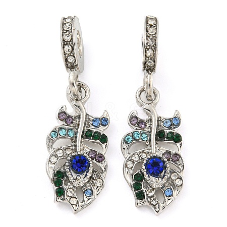 Rack Plating Alloy Pave Colorful Rhinestone Feather European Dangle Charms FIND-B034-07P-1