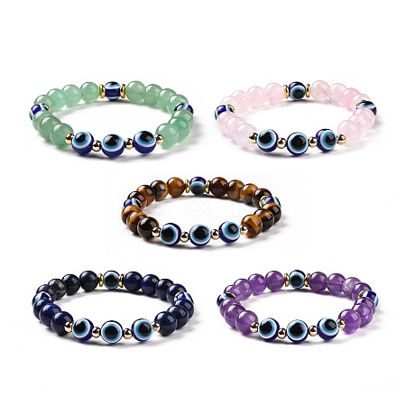 5Pcs Natural Lapis Lazuli(Dyed) & Amethyst & Tiger Eye & Green Aventurine Beads Stretch Bracelets Set BJEW-JB08936-1