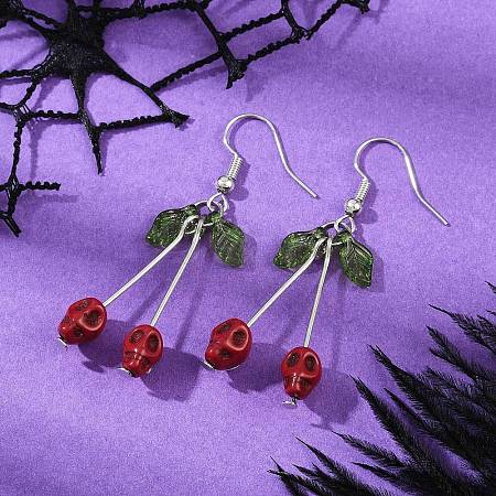 Brass Synthetic Turquoise Skull Dangle Earrings EJEW-JE06534-01-1