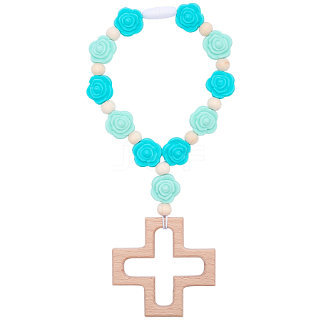Wood & Silicone Rose Beads Hanging Ornametns HJEW-BM00073-1
