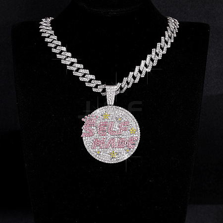Hip-Hop Alloy Full Crystal and Rose Rhinestone Self Made Medal Pendant Cuban Link Chain Necklaces for Men Women FS-WG8D003-06-1