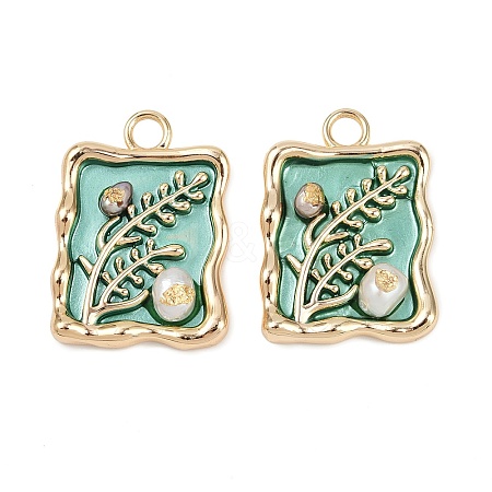 Brass Enamel & Natural Pearl Rectangle with Flower Pendants KK-K351-51G-04-1