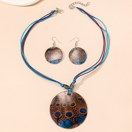 Boho Printed Natural Shell Graffiti Flat Round Pendant Earrings & Necklaces Set FS-WG2A623-03-1