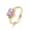 Adjustable Brass Finger Rings with Pink Heart Cubic Zirconia for Valentine's Day CU-CBA7E55-11G-4