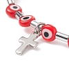 Lampwork Evil Eye & Stainless Steel Column Beaded Stretch Bracelet with Cross Charm for Women BJEW-JB08601-5