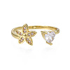 Cubic Zirconia Flower and Heart Open Cuff Ring RJEW-N035-115-1