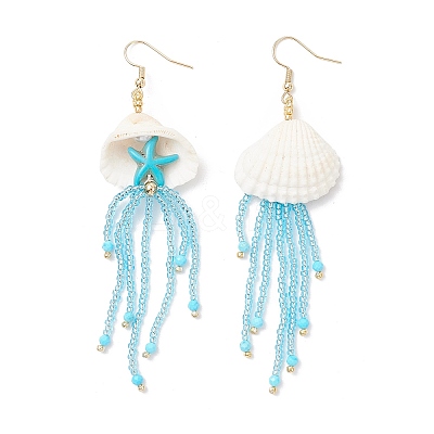 304 Stainless Steel Dyed Synthetic Turquoise Glass Seed Beaded Jellyfish Dangle Earrings EJEW-MZ00529-03-1
