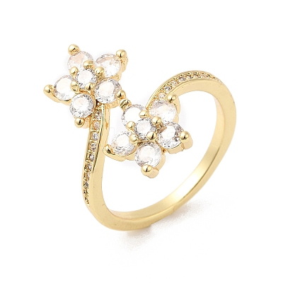 Cubic Zirconia Flower Open Cuff Ring RJEW-L106-009G-03-1
