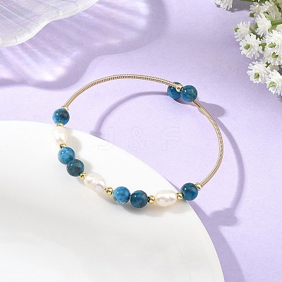 Natural Apatite Round and Rice Pearl Beaded Copper French Wire Cuff Bangles BJEW-JB14374-01-1