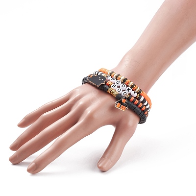 4Pcs 4 Style Polymer Clay Heishi Surfer Stretch Bracelets Set with Word Spooky Boo Acrylic Beads BJEW-TA00127-1