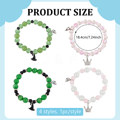 4Pcs 4 Styles Witch Hat Crown Alloy Charm Glass & Synthetic Moonstone & Cat Eye Beaded Stretch Bracelet Sets BJEW-PH01982-1