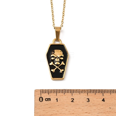 Halloween Theme 304 Stainless Steel Black Enamel Coffin with Skull Pendant Necklaces for Men LS-NJEW-Z090-01G-1