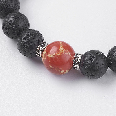 Natural Lava Rock and Natural Regalite/Imperial Jasper/Sea Sediment Jasper Beads Stretch Bracelets BJEW-I241-11F-1