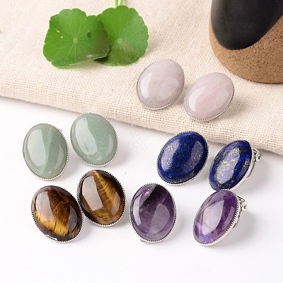 Natural Mixed Stone Oval Clip-on Earrings EJEW-J091-M-1