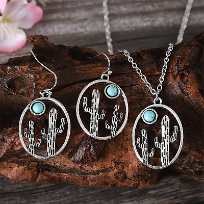 Alloy & Synthetic Turquoise Dangle Earrings & Pendant Necklaces Sets FS-WG3DEAB-01-1