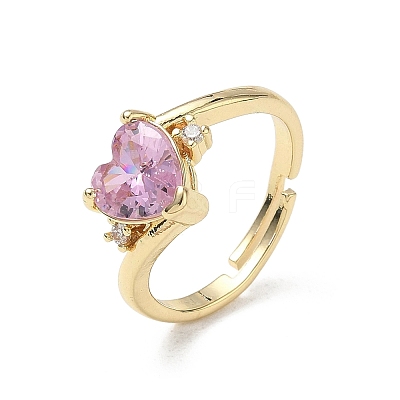 Adjustable Brass Finger Rings with Pink Heart Cubic Zirconia for Valentine's Day CU-CBA7E55-11G-1