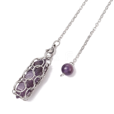 304 Stainless Steel Chain Macrame Pouch Bullet Natural Rose Quartz & Amethyst & Synthetic Turquoise Holder Dowsing Pendulums PALLOY-JF02881-1