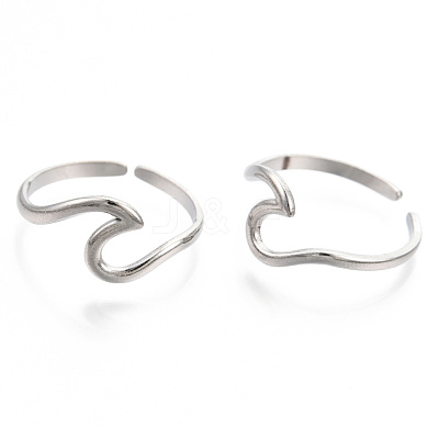 Non-Tarnish 304 Stainless Steel Sea Wave Cuff Rings RJEW-N038-115P-1