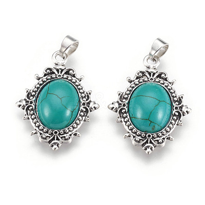 Oval Antique Silver Plated Alloy Synthetic Turquoise Pendants PALLOY-J502B-03AS-1