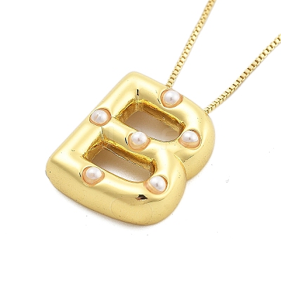 Brass & Plastic Pearl Letter Pendant Box Chain Necklaces for Women NJEW-U017-01G-02-1
