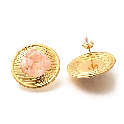 304 Stainless Steel Natural Rose Quartz Stud Earrings EJEW-R012-02G-01-1