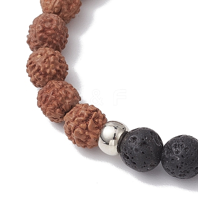 Round Natural Lava Rock & Natural Rudraksha Beaded Stretch Bracelets BJEW-TA00527-1