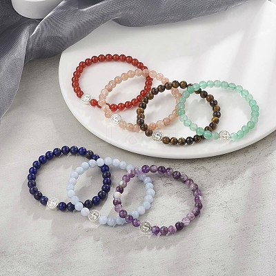 7Pcs 7 Style Natural Mixed Gemstone & Alloy Saint Benedict Beaded Strech Bracelets Set for Women BJEW-JB09346-1