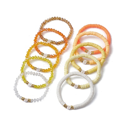 10Pcs Polymer Clay Disc & Glass & Brass Beaded Stretch Bracelets Set BJEW-JB09676-03-1