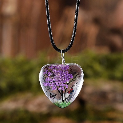 Heart Glass with Dried Flower Tree Inner Pendant Black Waxed Cord Necklaces FS-WG87A6D-03-1