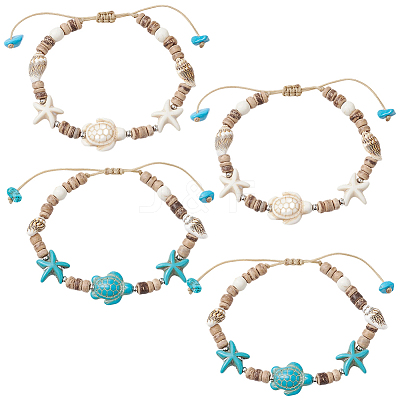 4Pcs 2 Colors Ocean Theme Starfish Turtle Synthetic Turquoise & Coconut Braided Bead Bracelet Sets BJEW-PA0001-03-1