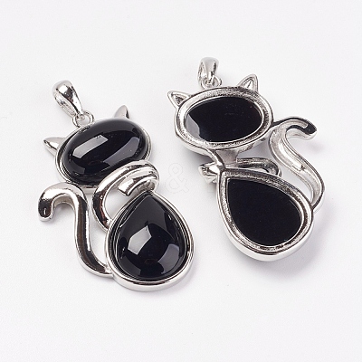 Natural Black Agate Kitten Pendants X-G-G713-B05-1