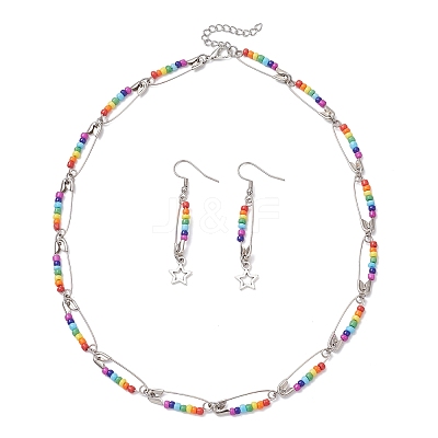 Chakra Glass Beads Dangle Earrings & Necklaces Sets SJEW-JS01364-1