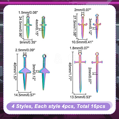 16Pcs 4 Style Stainless Steel Pendants STAS-AR0001-78-1