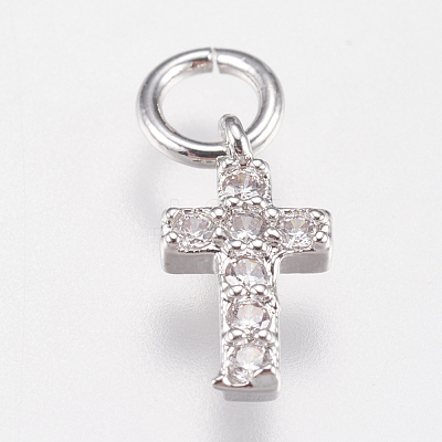 Brass Micro Pave Cubic Zirconia Tiny Cross Charms X-ZIRC-E147-62P-1
