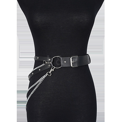Black Imitation Leather Alloy Curb Chain Multi-Layered Tassel Waist Belly Chains for Women FS-WG2D7EC-01-1